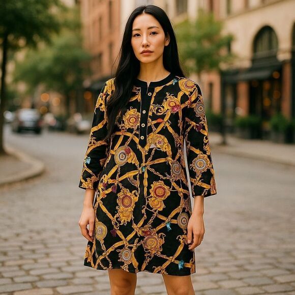 PATRICK 90s Silk Statement Buckle Design Dress Black & Gold Equestrian Glam | 12 - Picture 1 of 14